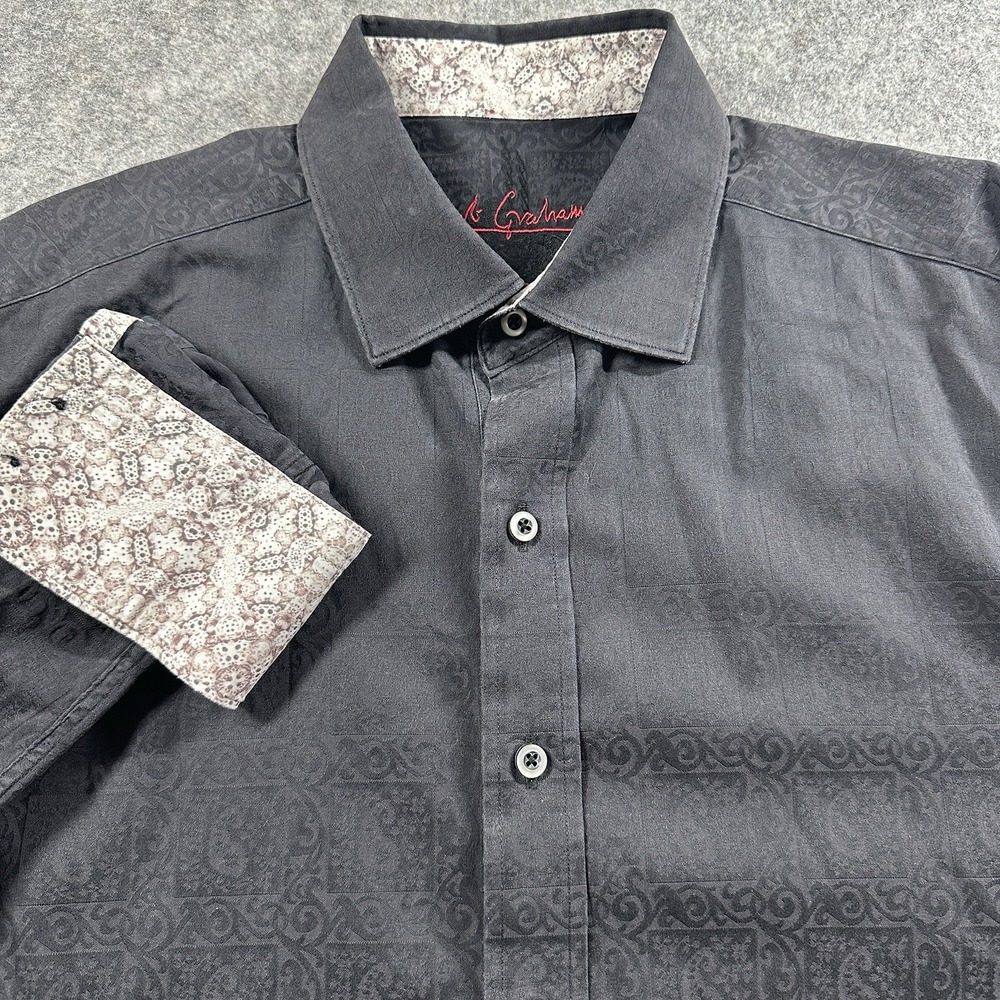 Robert Graham Button Down Shirt Mens Large Black Tonal Paisley Jacquard Cuffs